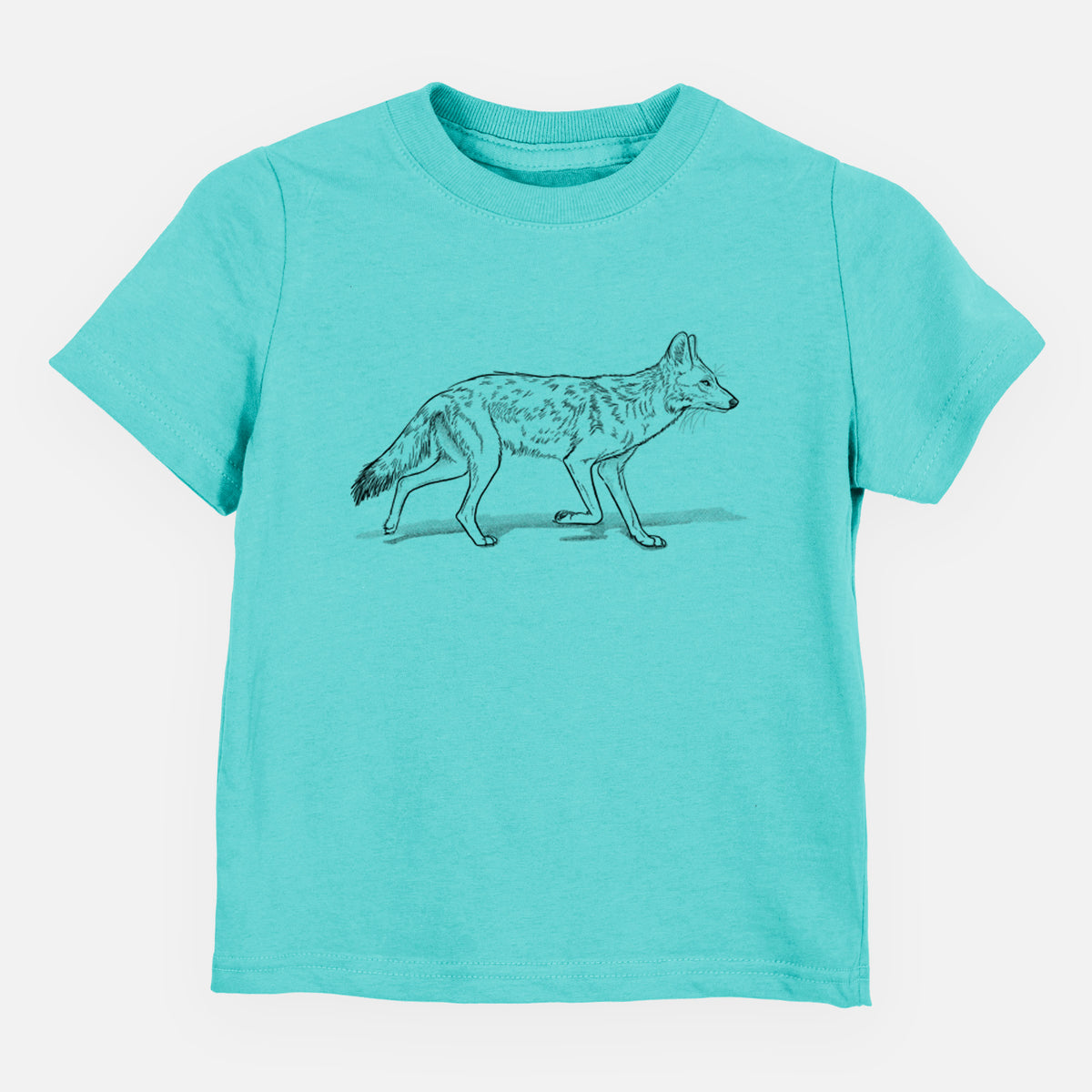 Caribbean blue toddler t-shirt laid flat, printed with a black ink illustration of a coyote trotting.