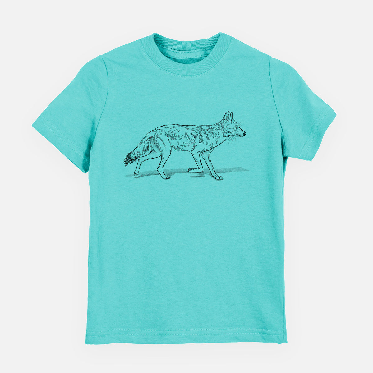 Caribbean blue youth t-shirt laid flat, printed with a black ink illustration of a coyote trotting.