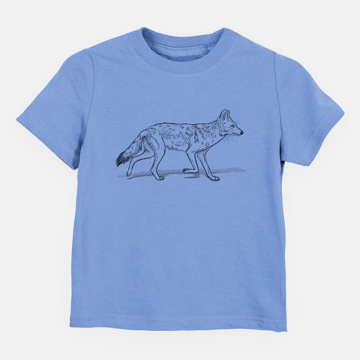 Carolina blue toddler t-shirt laid flat, printed with a black ink illustration of a coyote trotting.