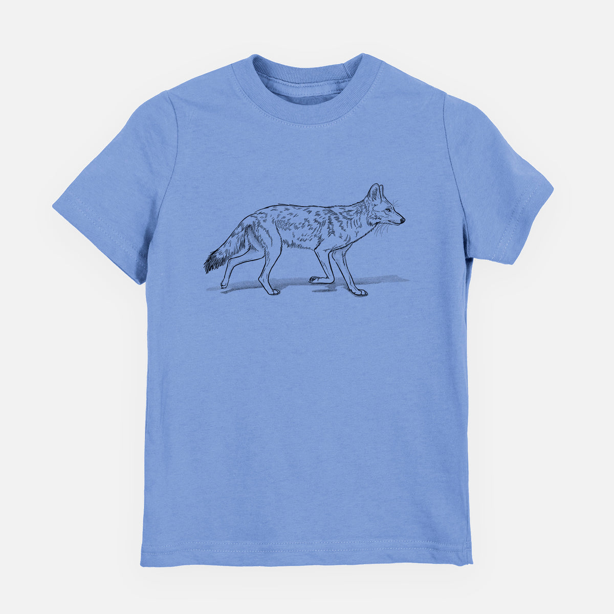 Carolina blue youth t-shirt laid flat, printed with a black ink illustration of a coyote trotting.