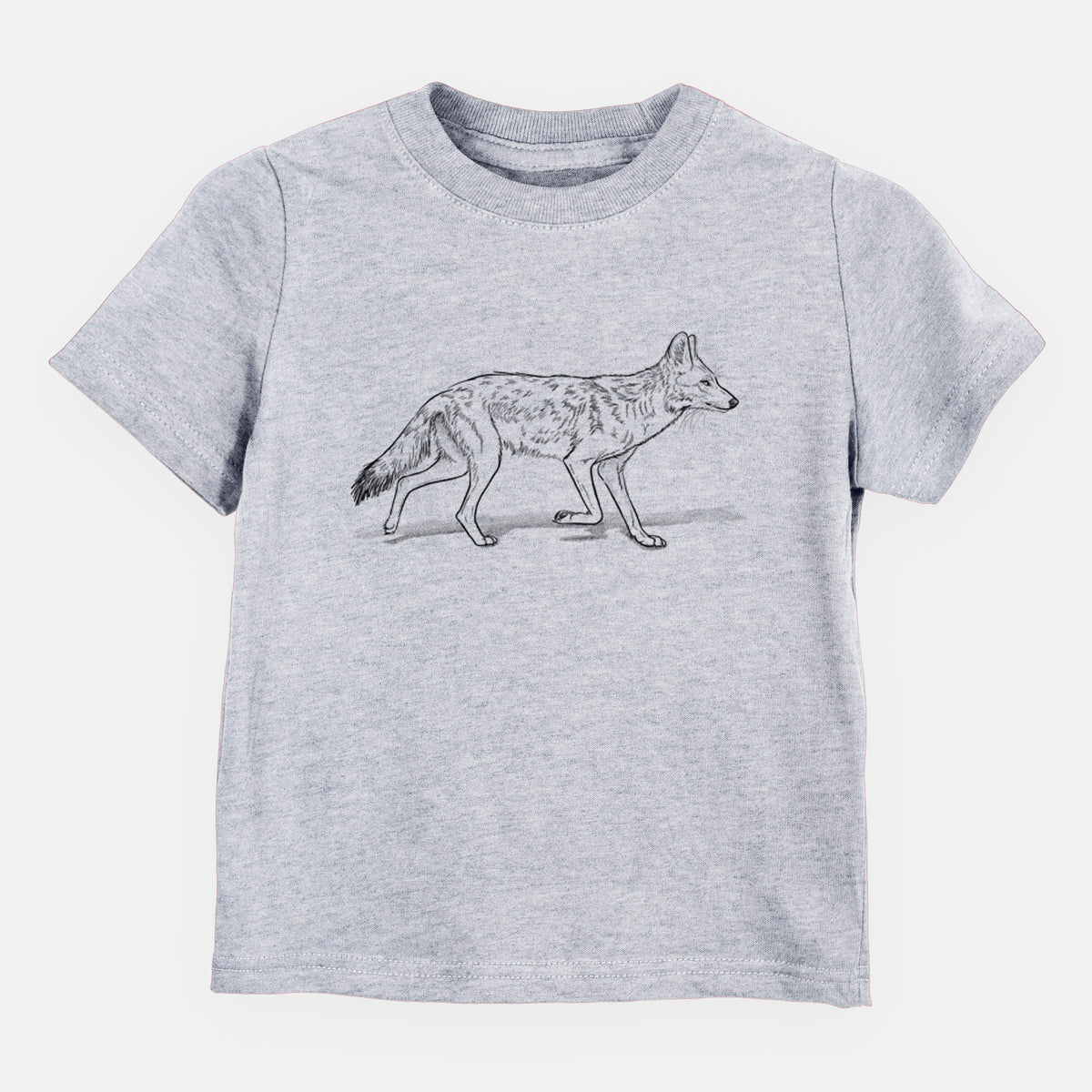 Heather grey toddler t-shirt laid flat, printed with a black ink illustration of a coyote trotting.