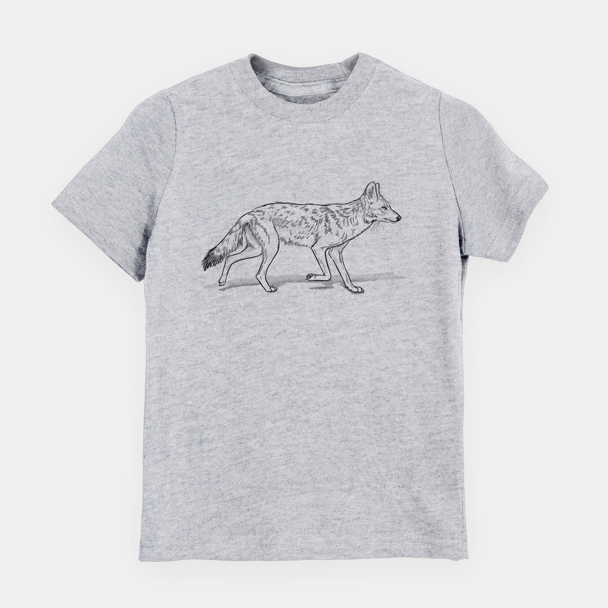 Heather grey youth t-shirt laid flat, printed with a black ink illustration of a coyote trotting.
