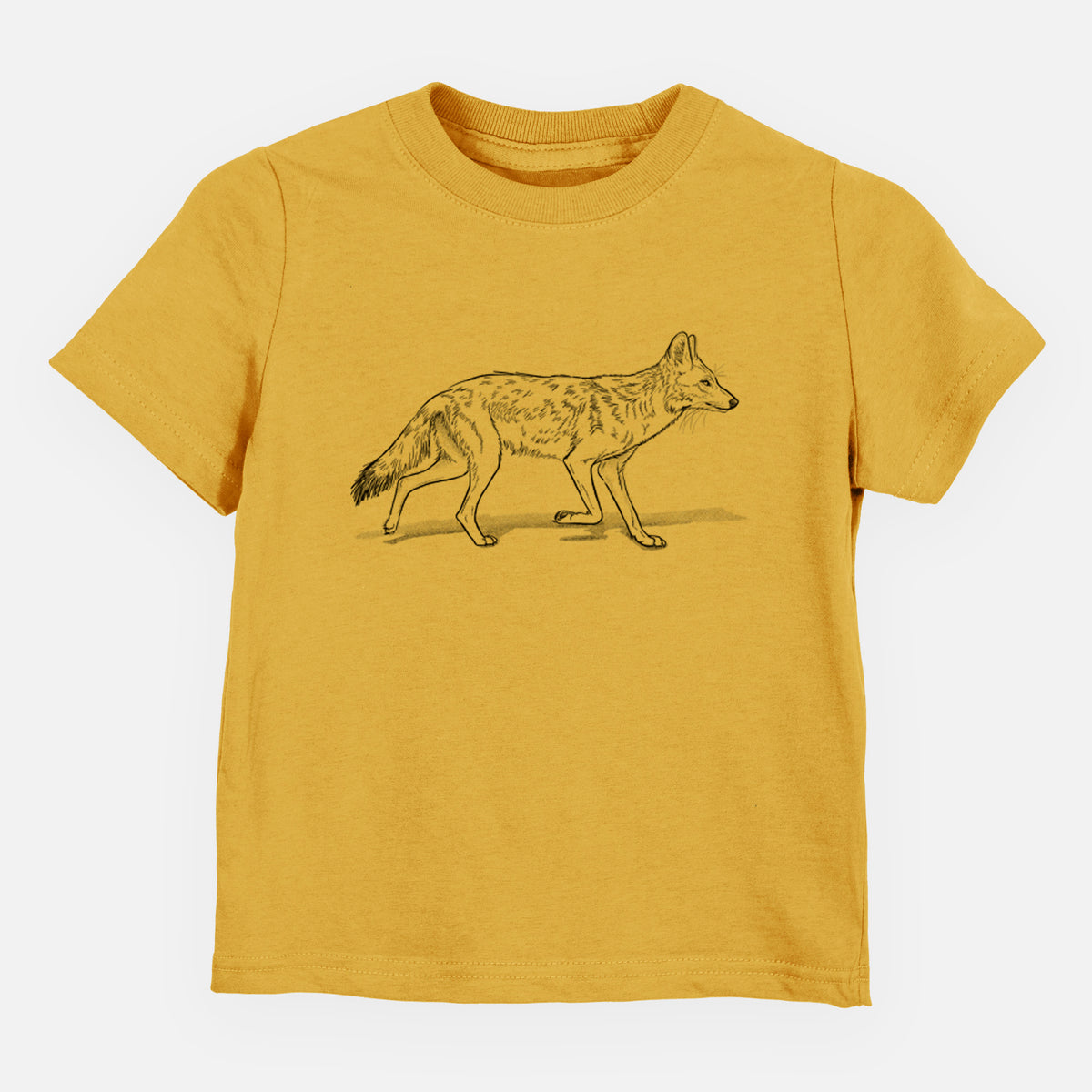 Honeycomb yellow toddler t-shirt laid flat, printed with a black ink illustration of a coyote trotting.