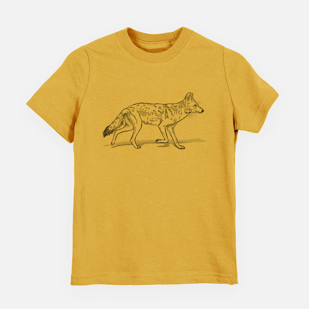 Honeycomb yellow youth t-shirt laid flat, printed with a black ink illustration of a coyote trotting.