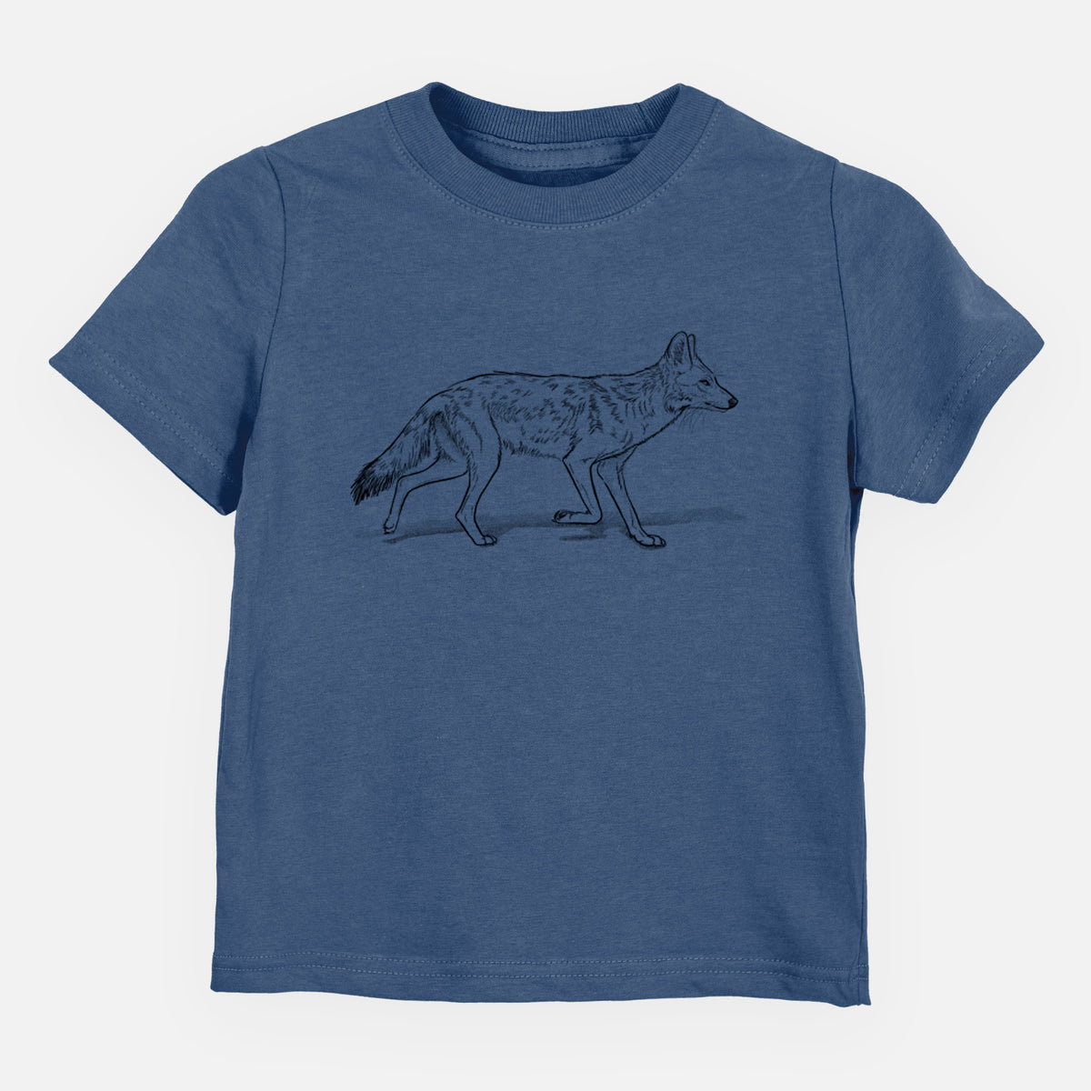 Indigo blue toddler t-shirt laid flat, printed with a black ink illustration of a coyote trotting.