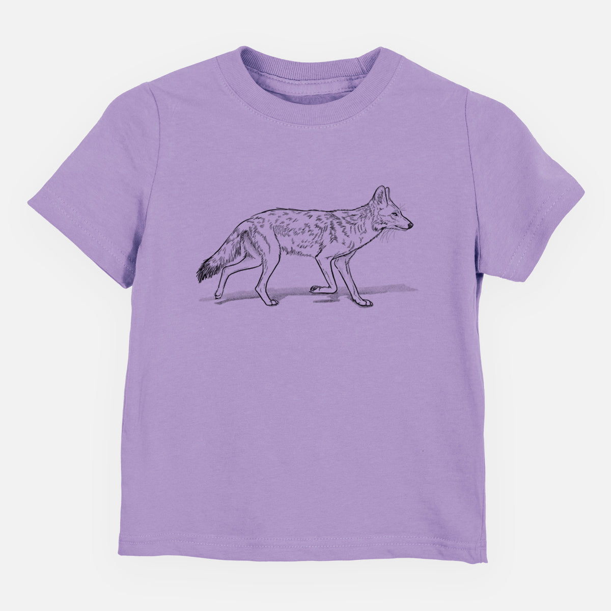 Lavender toddler t-shirt laid flat, printed with a black ink illustration of a coyote trotting.