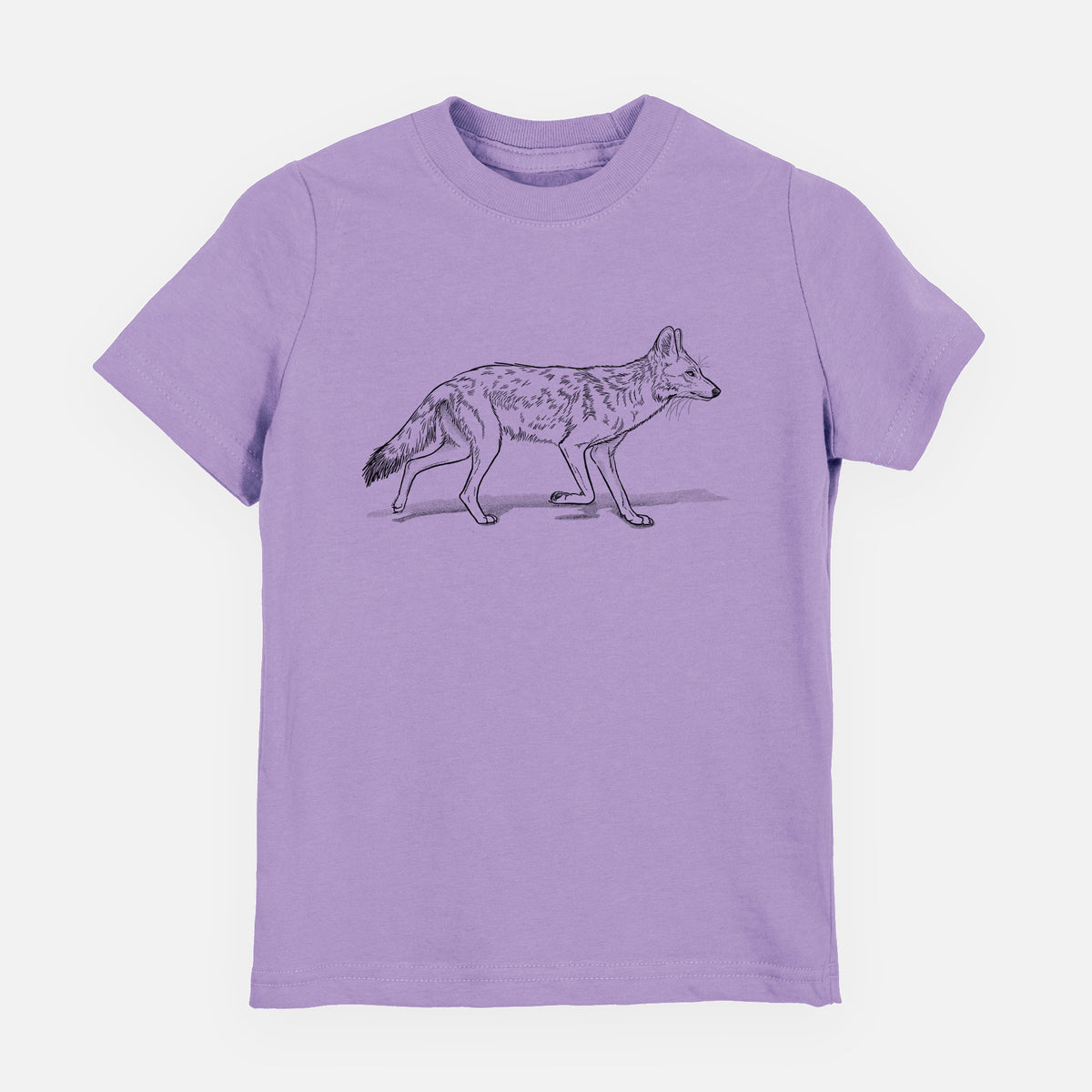 Lavender youth t-shirt laid flat, printed with a black ink illustration of a coyote trotting.