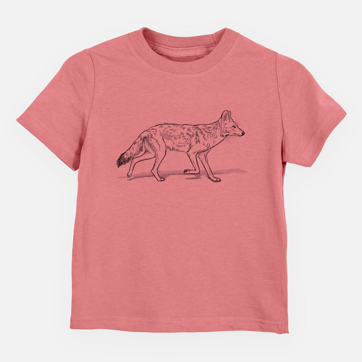 Mauve pink toddler t-shirt laid flat, printed with a black ink illustration of a coyote trotting.