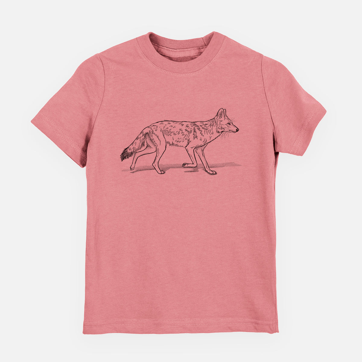 Mauve pink youth t-shirt laid flat, printed with a black ink illustration of a coyote trotting.