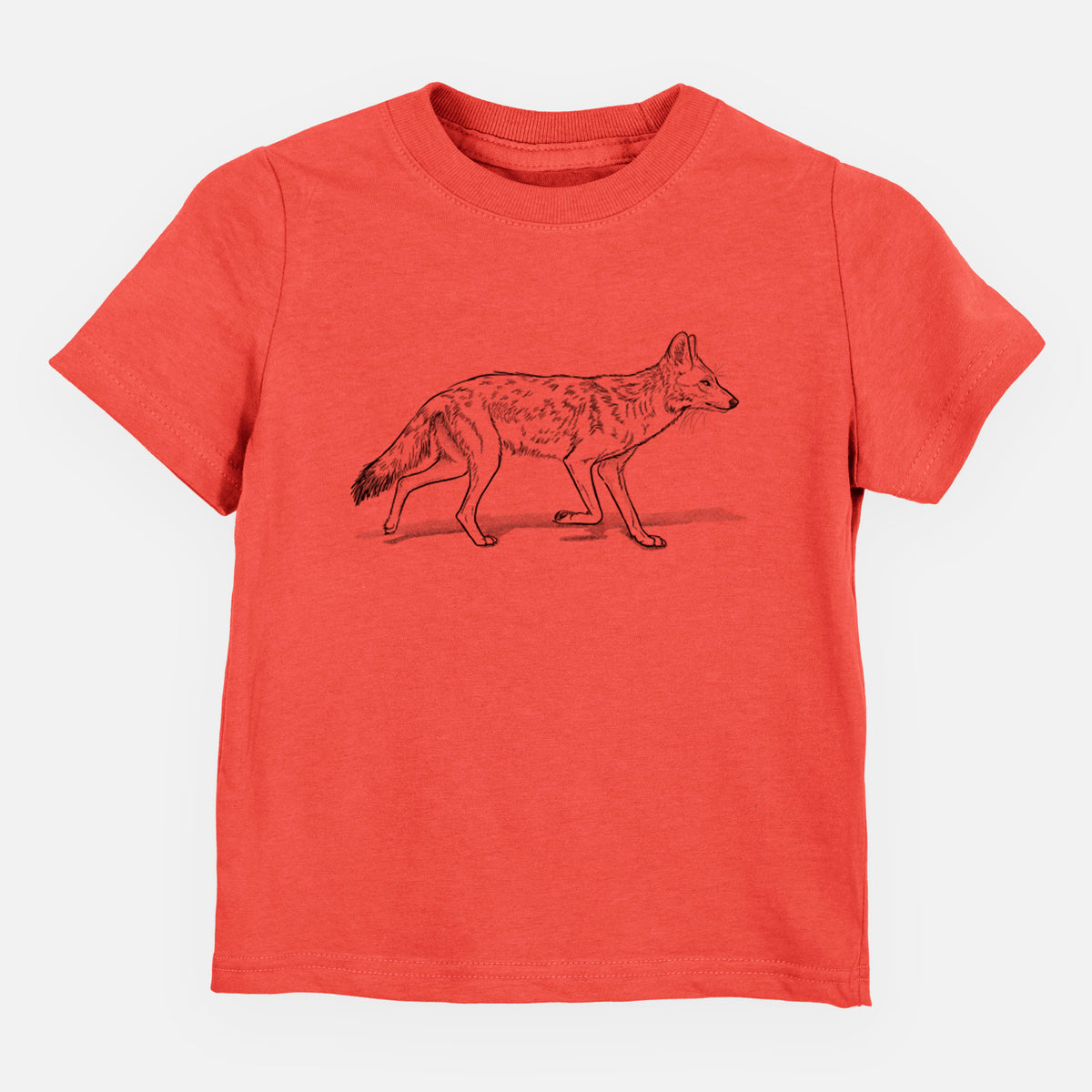 Passionfruit pink toddler t-shirt laid flat, printed with a black ink illustration of a coyote trotting.