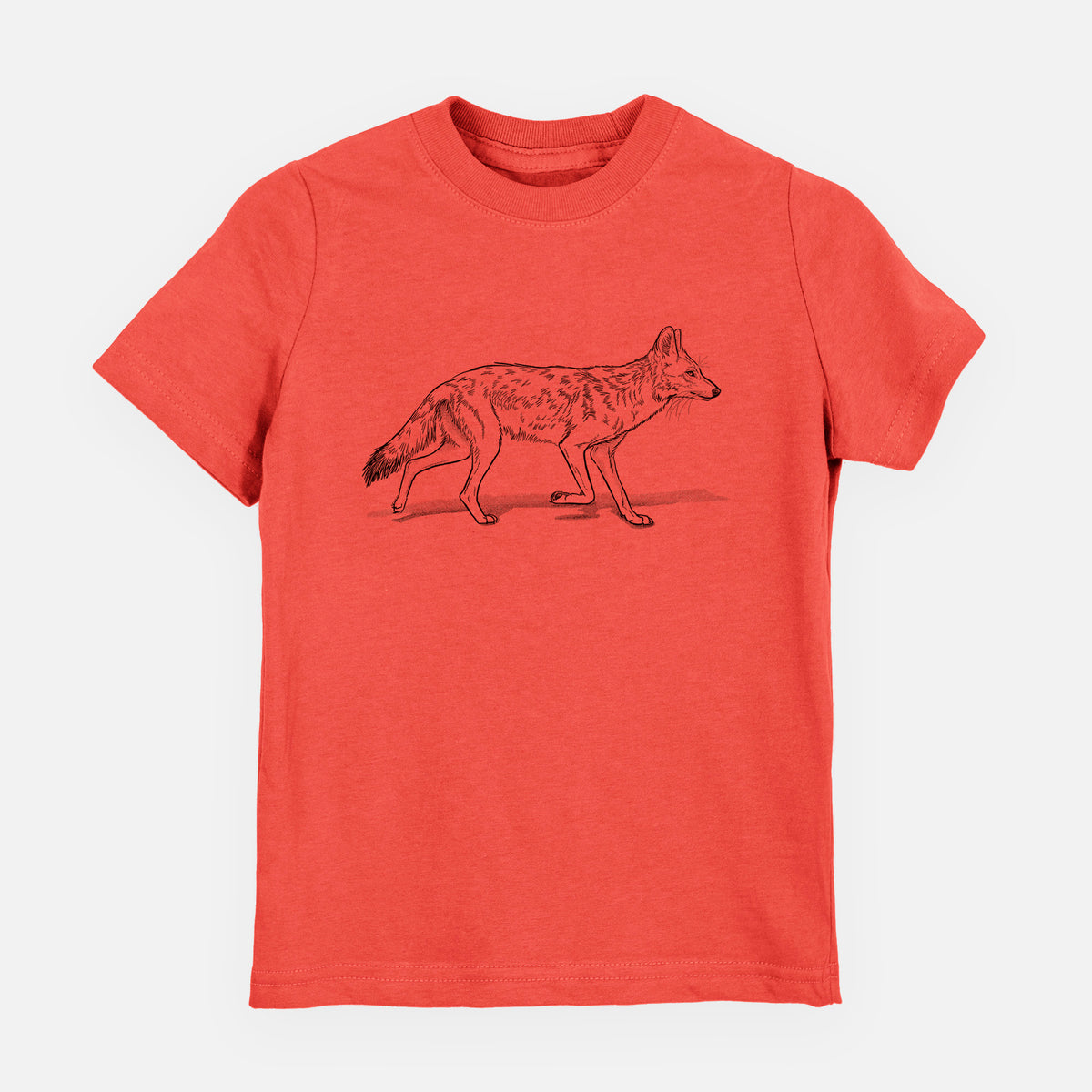 Passionfruit pink youth t-shirt laid flat, printed with a black ink illustration of a coyote trotting.