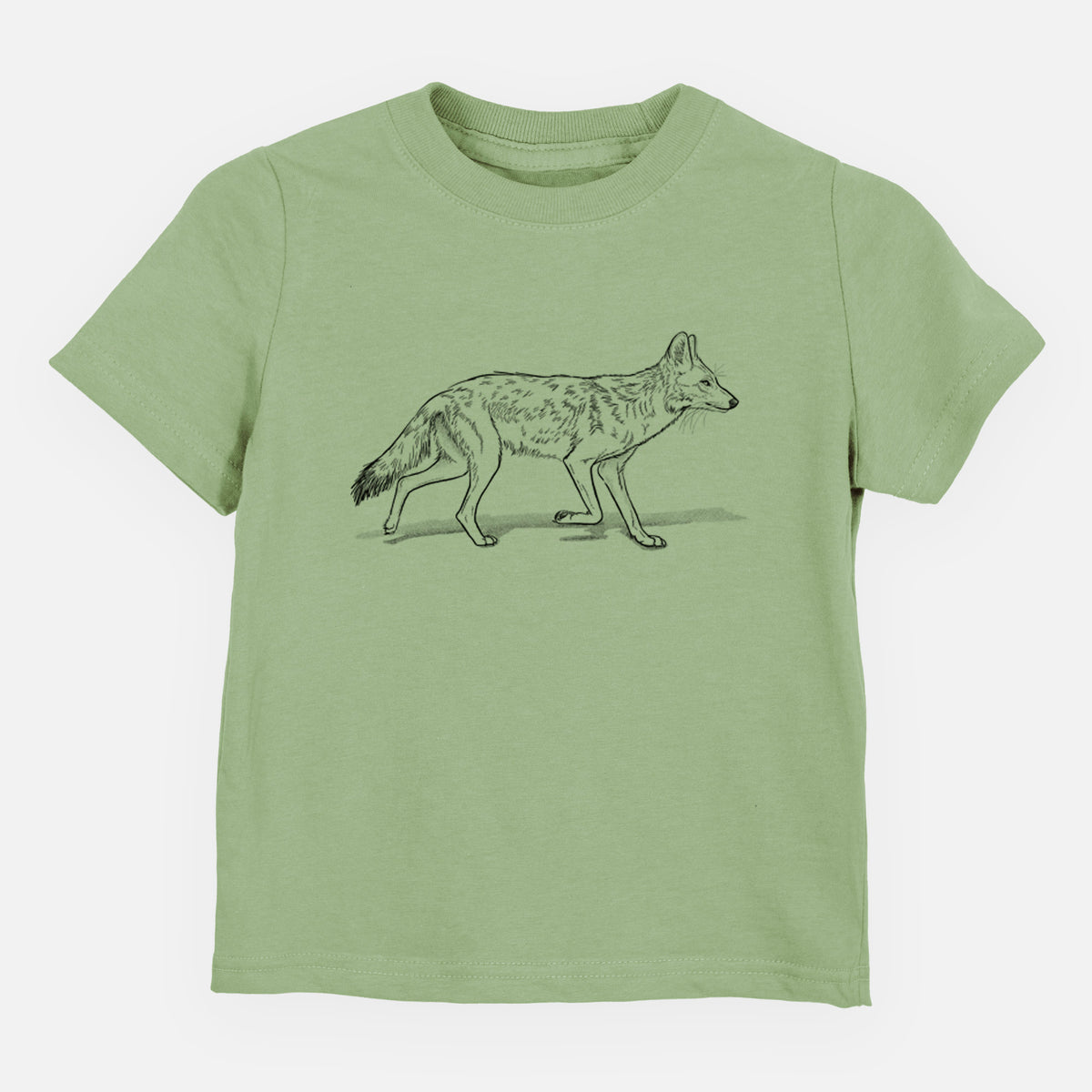 Sage green toddler t-shirt laid flat, printed with a black ink illustration of a coyote trotting.