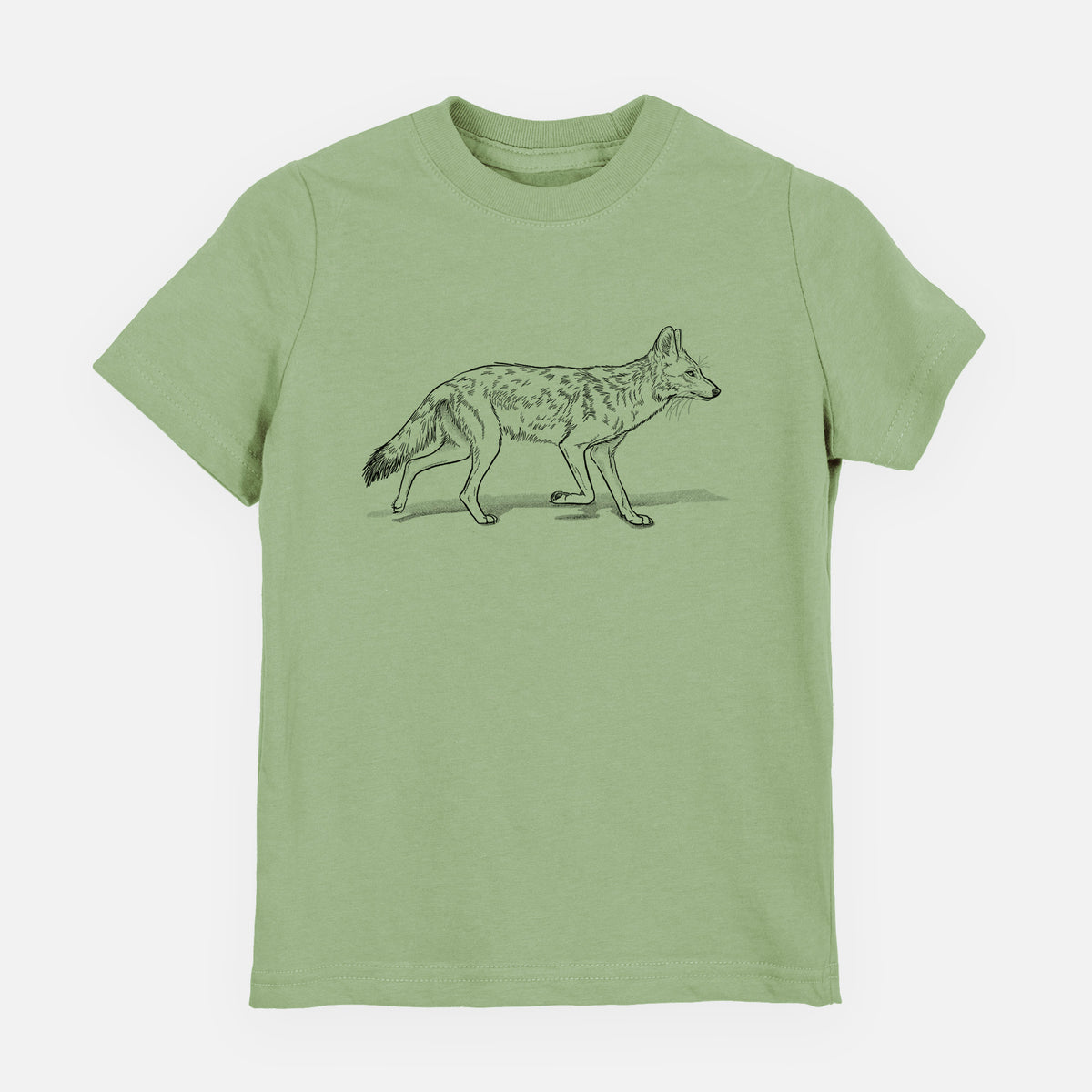 Sage green youth t-shirt laid flat, printed with a black ink illustration of a coyote trotting.