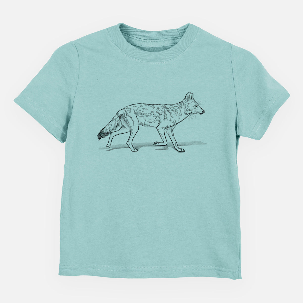 Saltwater toddler t-shirt laid flat, printed with a black ink illustration of a coyote trotting.
