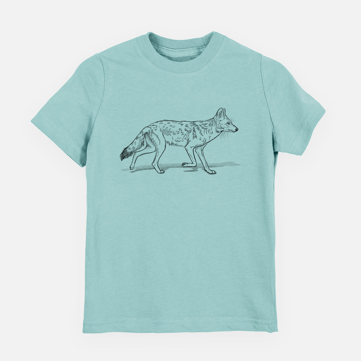 Saltwater youth t-shirt laid flat, printed with a black ink illustration of a coyote trotting.
