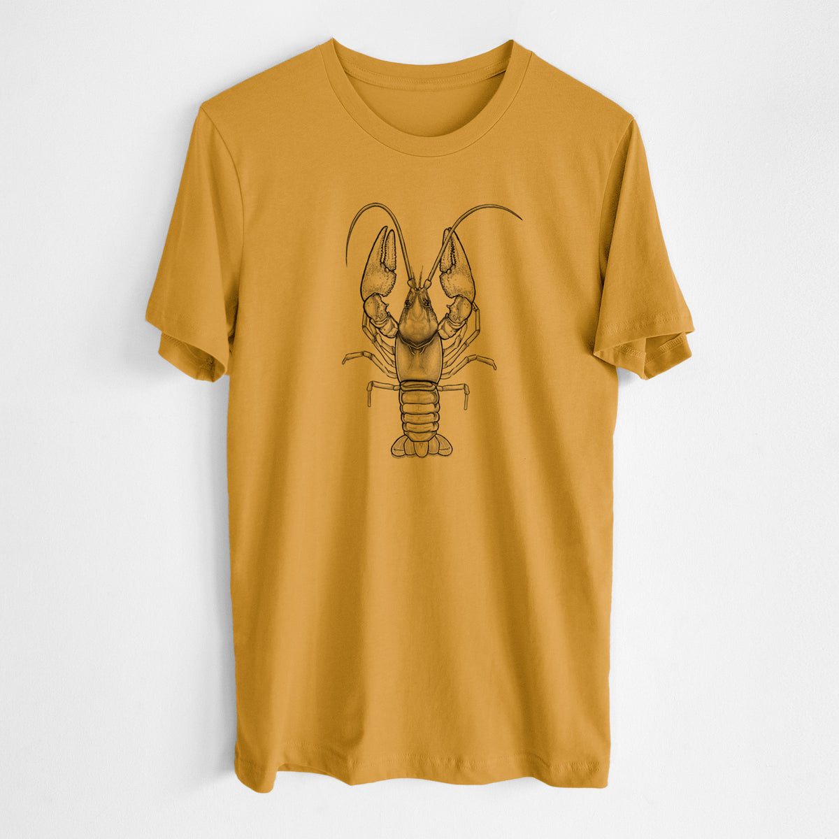 Honeycomb yellow lightweight cotton t-shirt laid flat, printed with a detailed black ink illustration of a crayfish with its claws raised, seen from above.
