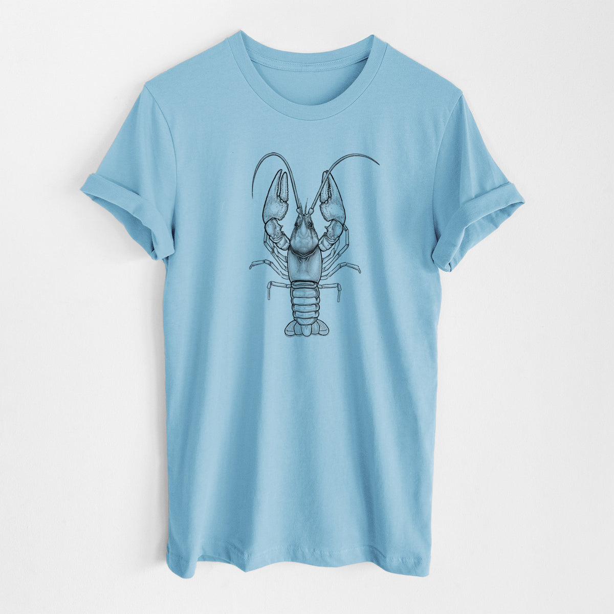 Ocean blue lightweight cotton t-shirt laid flat, printed with a detailed black ink illustration of a crayfish with its claws raised, seen from above.