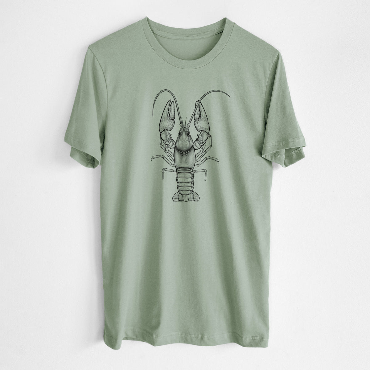 Sage green lightweight cotton t-shirt laid flat, printed with a detailed black ink illustration of a crayfish with its claws raised, seen from above.