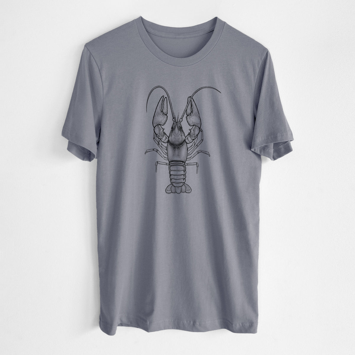 Storm grey lightweight cotton t-shirt laid flat, printed with a detailed black ink illustration of a crayfish with its claws raised, seen from above.