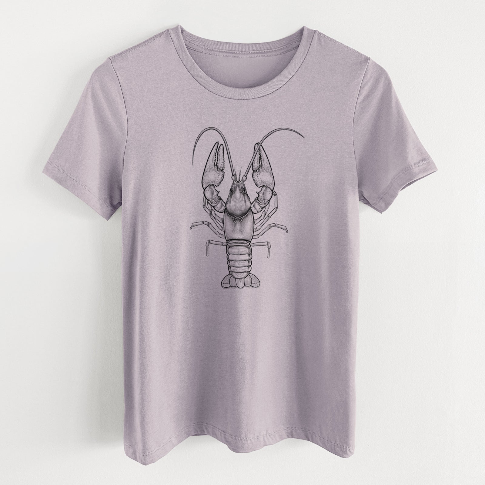 Light violet women's relaxed fit cotton t-shirt laid flat, printed with a detailed black ink illustration of a crayfish with its claws raised, seen from above.