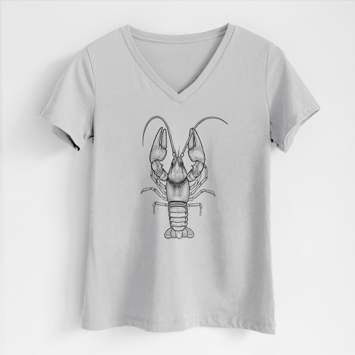 Lunar grey women's relaxed fit cotton V-neck t-shirt laid flat, printed with a detailed black ink illustration of a crayfish with its claws raised, seen from above.