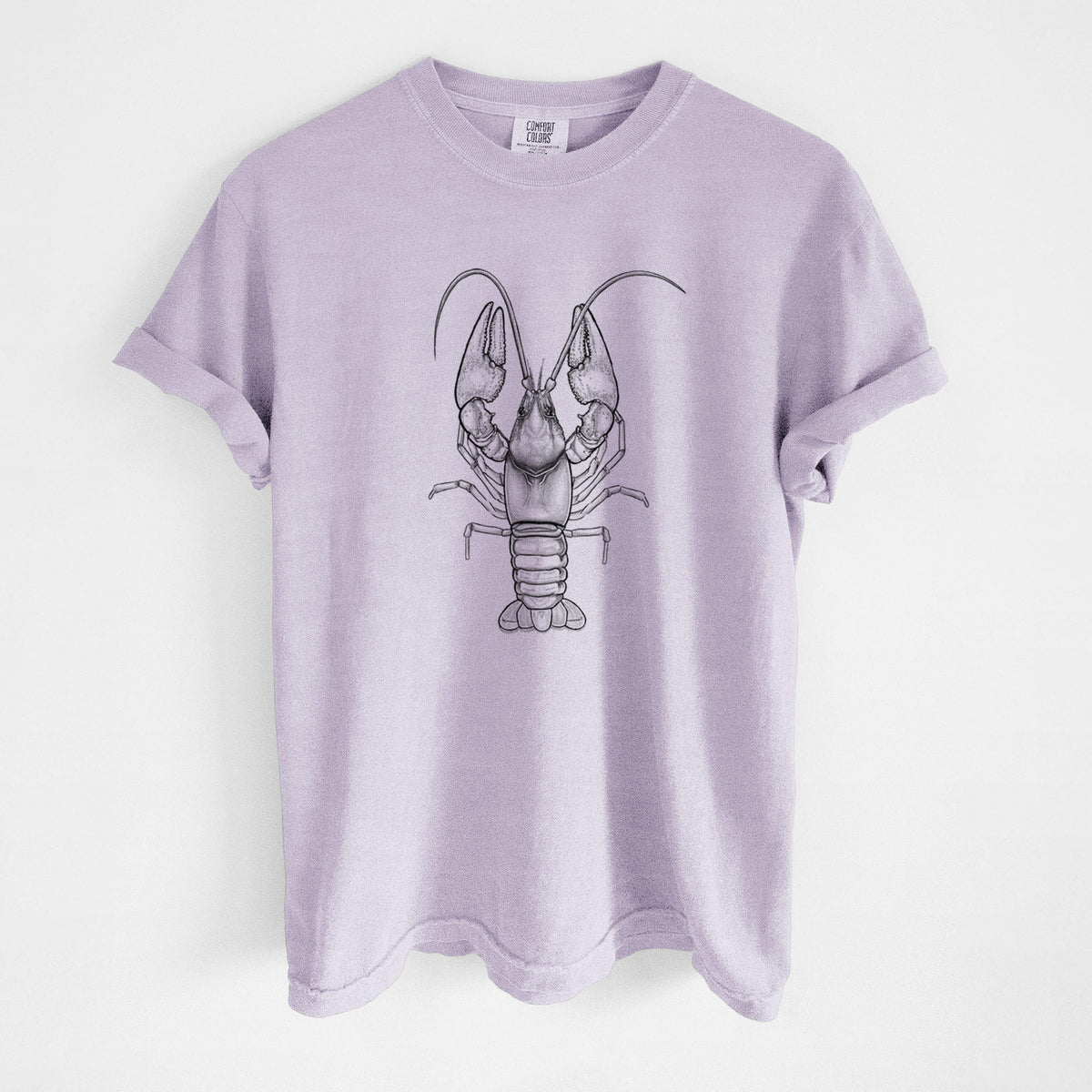 Orchid purple Comfort Colors t-shirt laid flat, printed with a detailed black ink illustration of a crayfish with its claws raised, seen from above.