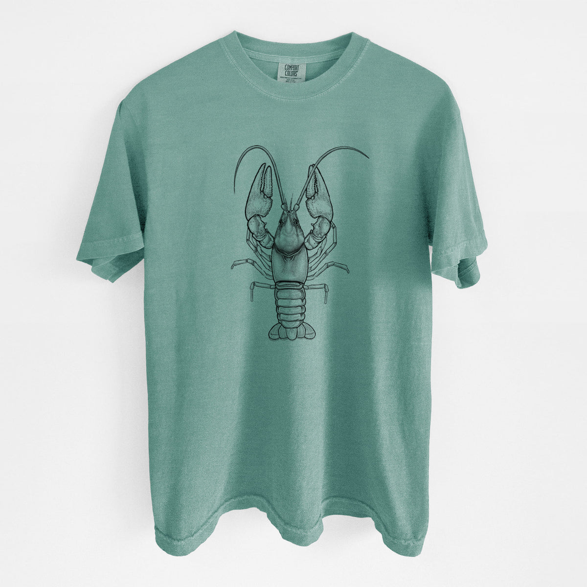 Reef green Comfort Colors t-shirt laid flat, printed with a detailed black ink illustration of a crayfish with its claws raised, seen from above.
