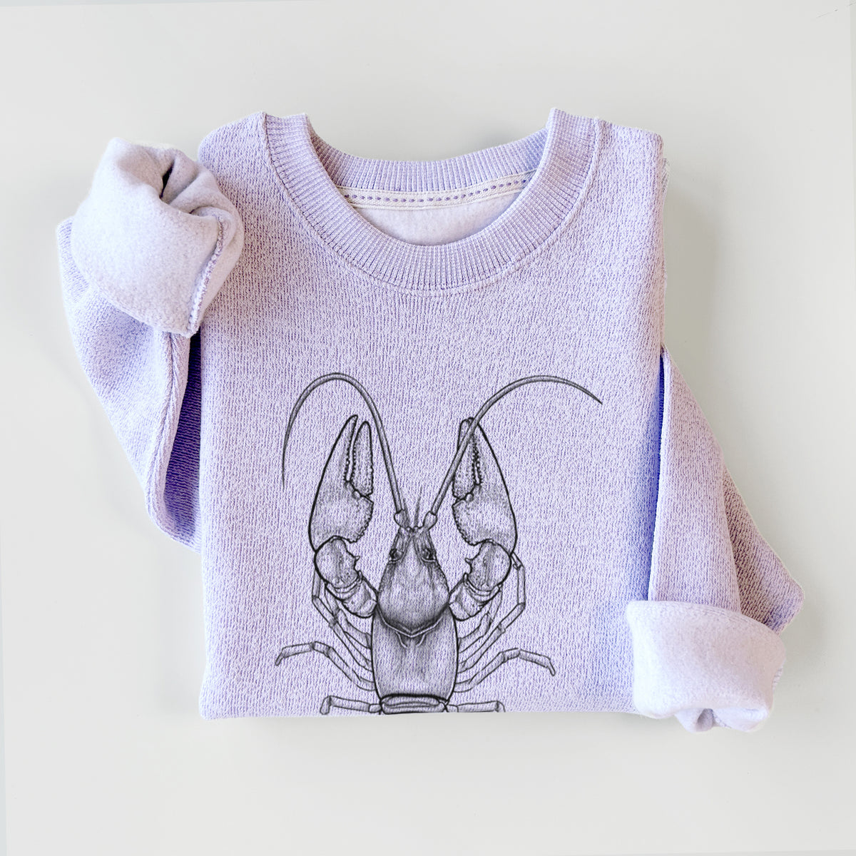 Ice purple knit sweatshirt printed with a detailed black ink illustration of a crayfish with its claws raised, seen from above, styled flat.