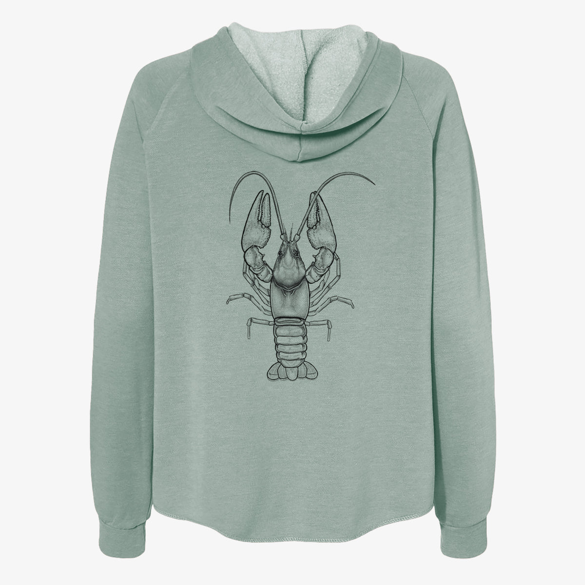 Sage green women's Cali Wave zip-up sweatshirt laid flat, printed with a detailed black ink illustration of a crayfish with its claws raised, seen from above.
