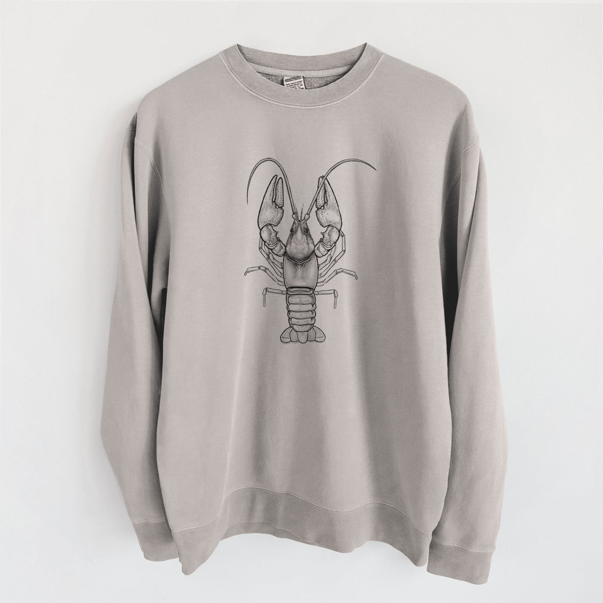 Cement grey pigment dyed crewneck sweatshirt laid flat, printed with a detailed black ink illustration of a crayfish with its claws raised, seen from above.