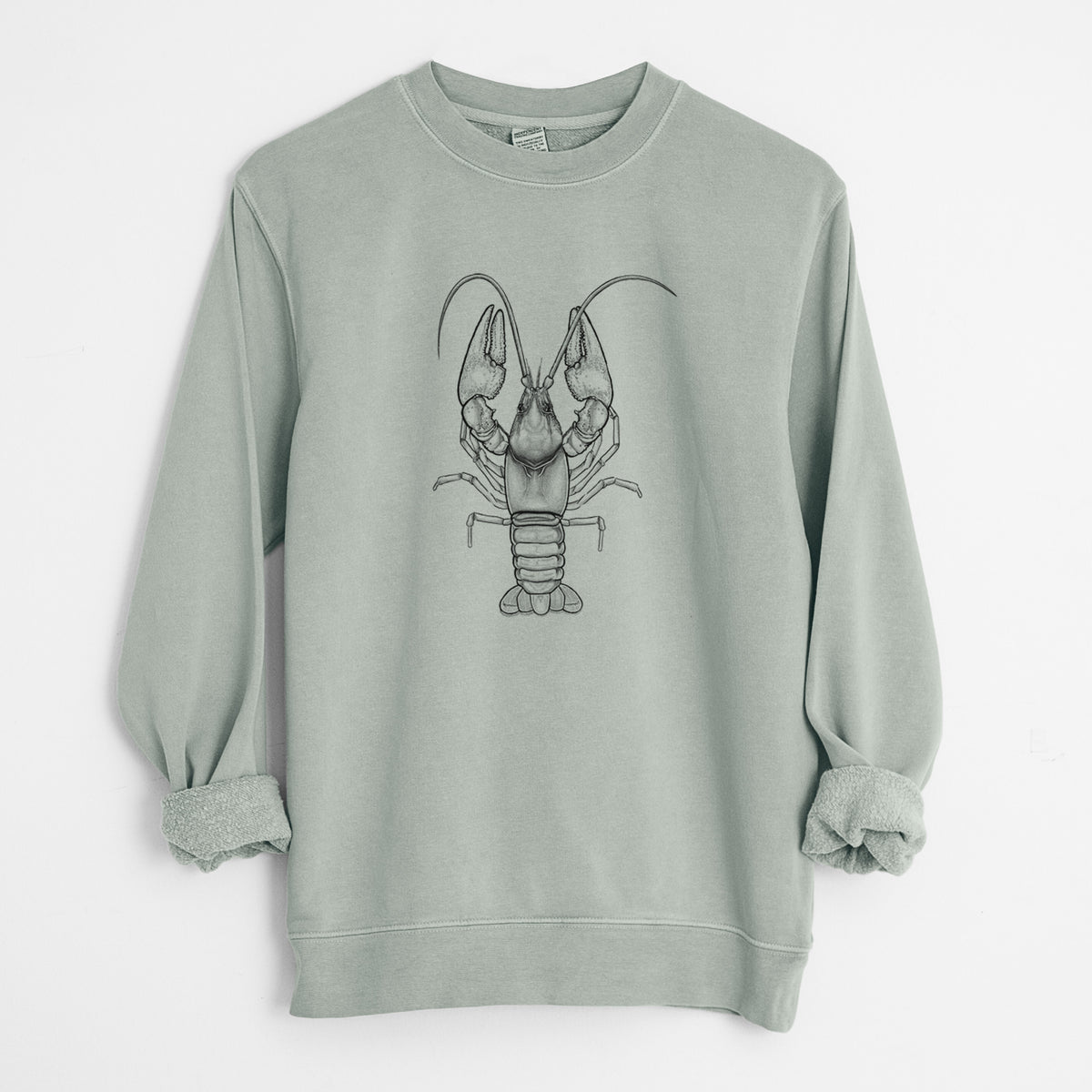 Sage green pigment dyed crewneck sweatshirt laid flat with the sleeves rolled, printed with a detailed black ink illustration of a crayfish with its claws raised, seen from above.
