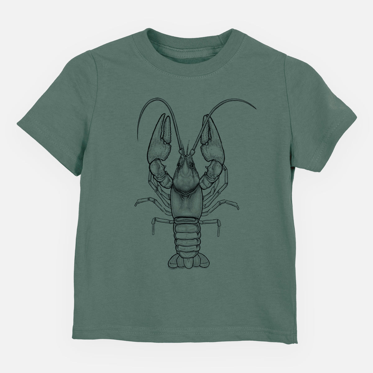 Basil green toddler t-shirt laid flat, printed with a detailed black ink illustration of a crayfish with its claws raised, seen from above.