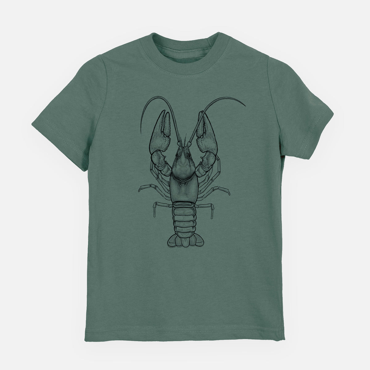 Basil green youth t-shirt laid flat, printed with a detailed black ink illustration of a crayfish with its claws raised, seen from above.