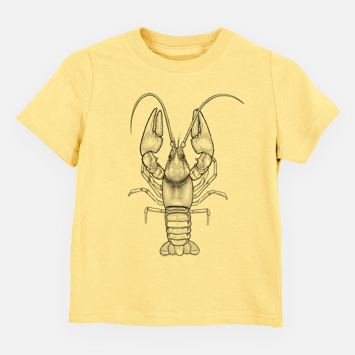 Butter yellow toddler t-shirt laid flat, printed with a detailed black ink illustration of a crayfish with its claws raised, seen from above.