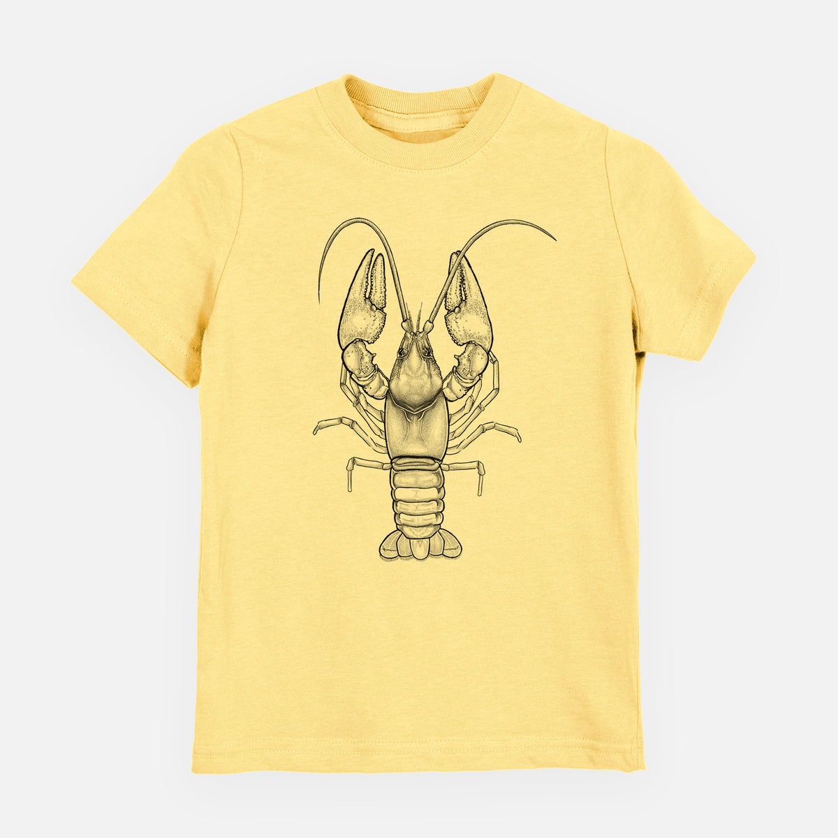 Butter yellow youth t-shirt laid flat, printed with a detailed black ink illustration of a crayfish with its claws raised, seen from above.