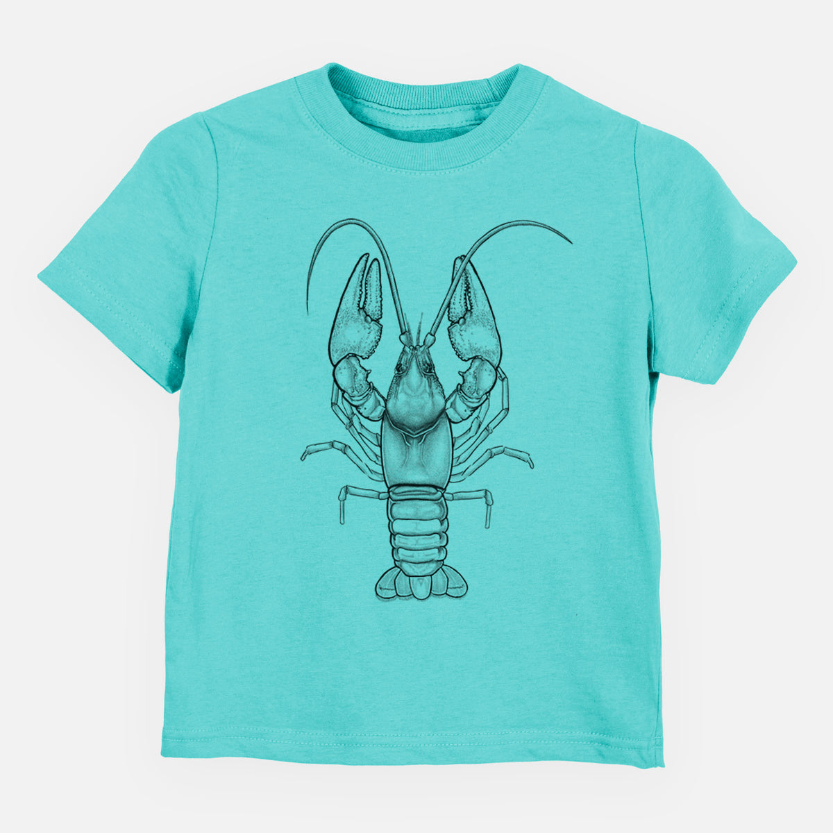 Caribbean blue toddler t-shirt laid flat, printed with a detailed black ink illustration of a crayfish with its claws raised, seen from above.