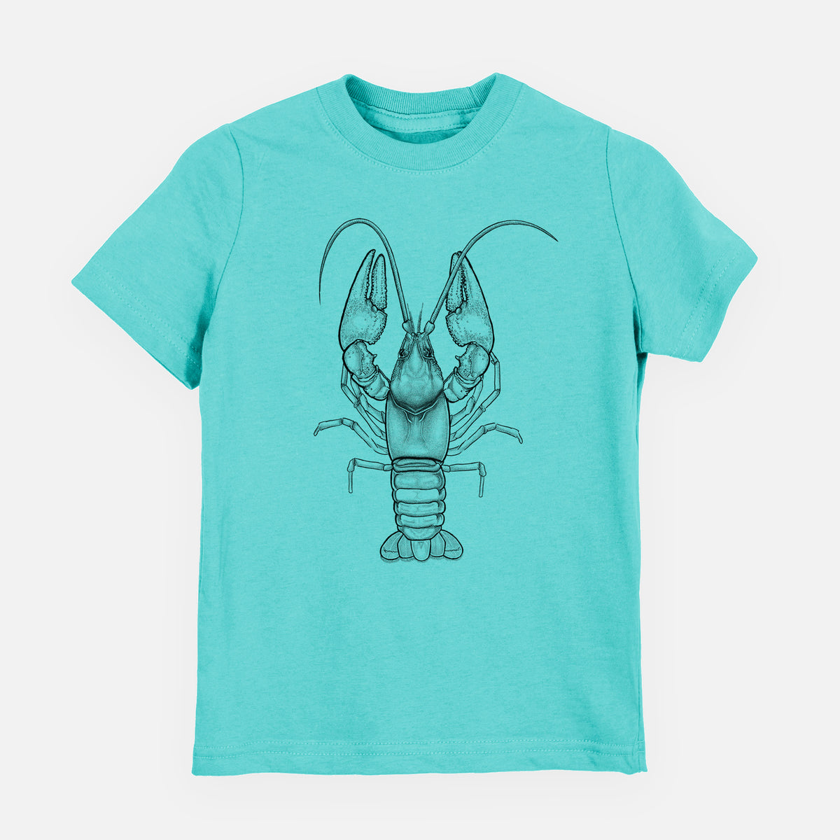 Caribbean blue youth t-shirt laid flat, printed with a detailed black ink illustration of a crayfish with its claws raised, seen from above.
