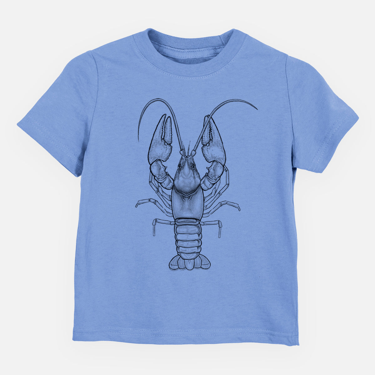 Carolina blue toddler t-shirt laid flat, printed with a detailed black ink illustration of a crayfish with its claws raised, seen from above.