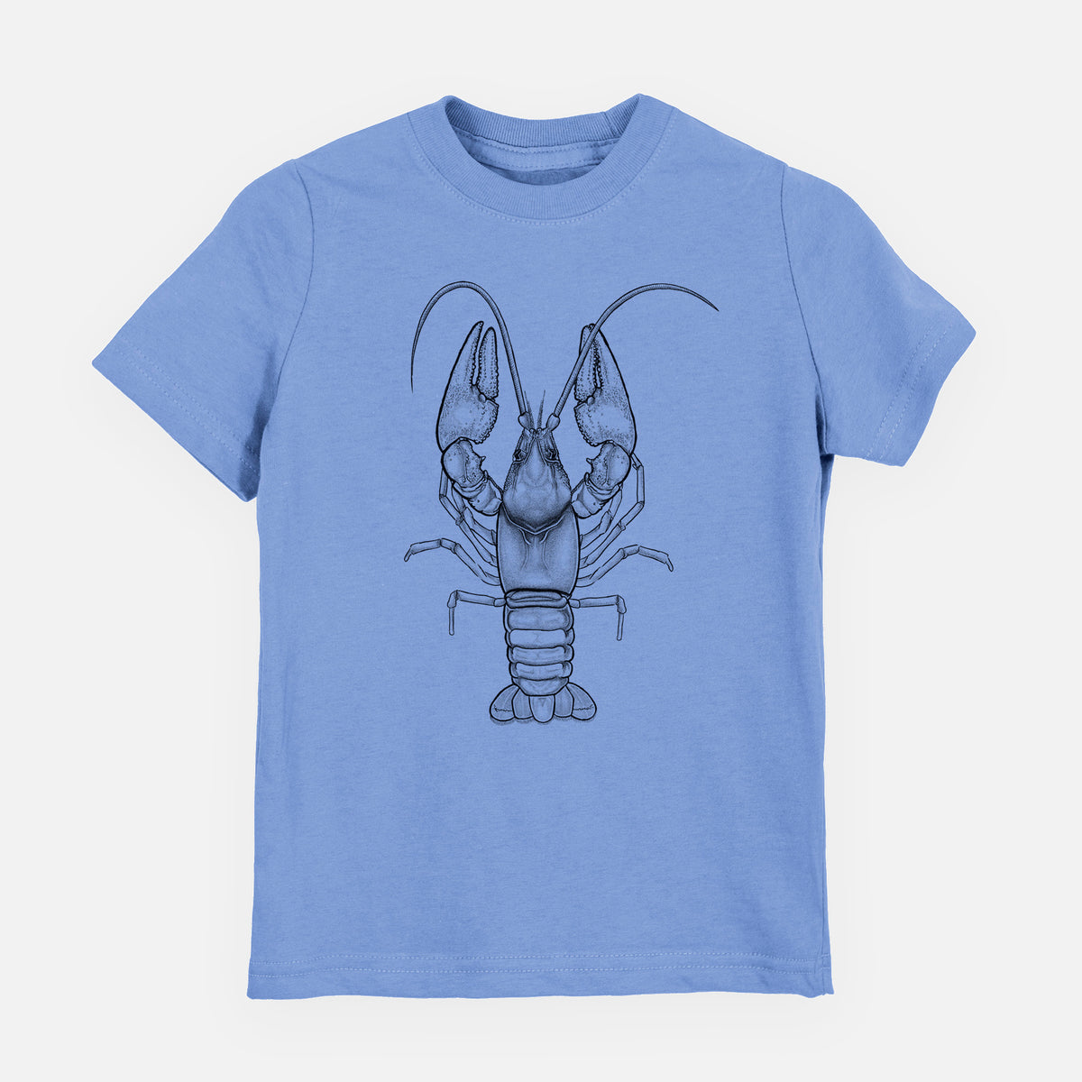 Carolina blue youth t-shirt laid flat, printed with a detailed black ink illustration of a crayfish with its claws raised, seen from above.