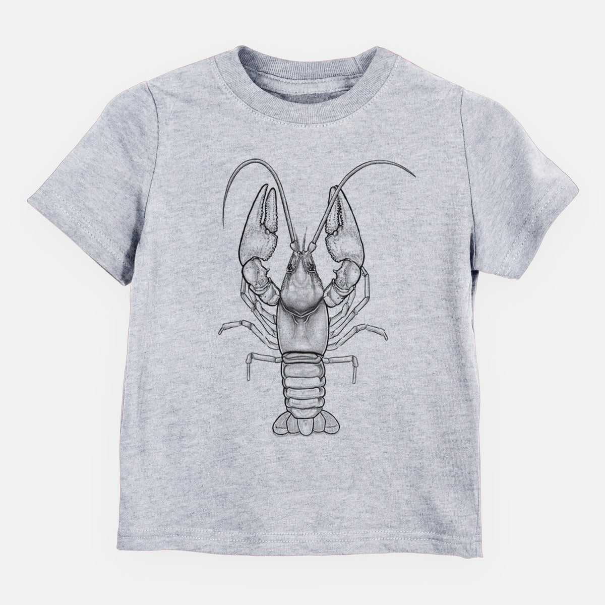 Heather grey toddler t-shirt laid flat, printed with a detailed black ink illustration of a crayfish with its claws raised, seen from above.