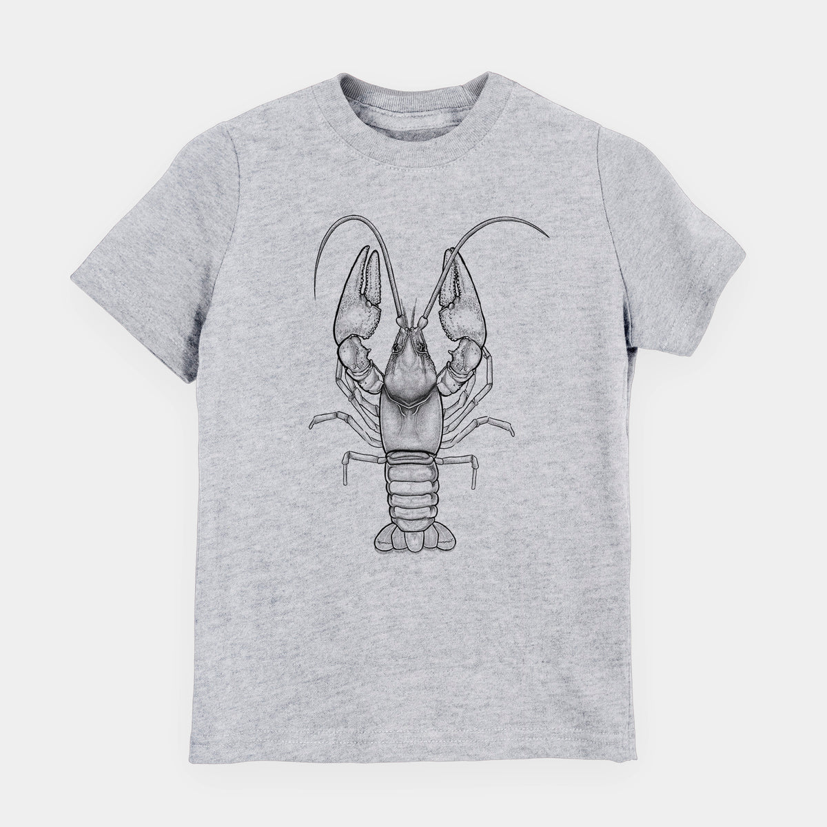 Heather grey youth t-shirt laid flat, printed with a detailed black ink illustration of a crayfish with its claws raised, seen from above.