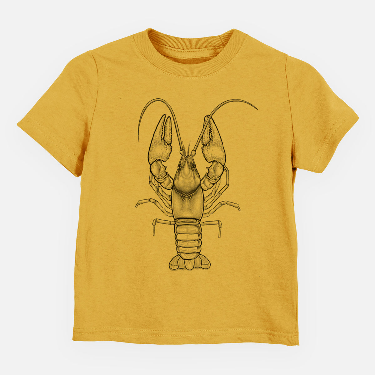 Honeycomb yellow toddler t-shirt laid flat, printed with a detailed black ink illustration of a crayfish with its claws raised, seen from above.