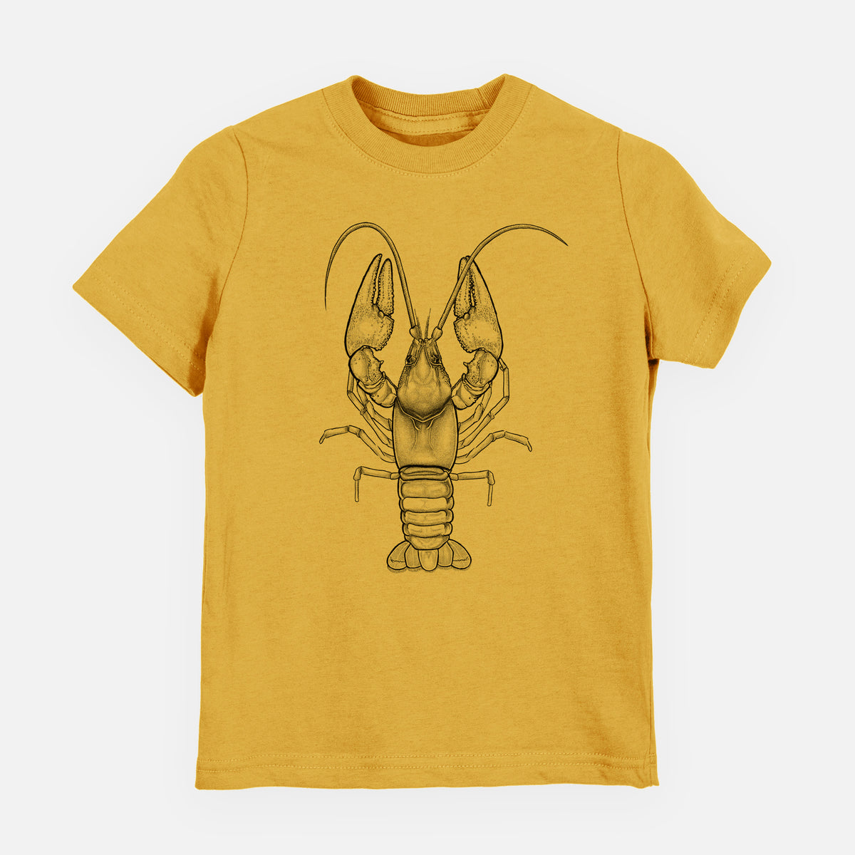 Honeycomb yellow youth t-shirt laid flat, printed with a detailed black ink illustration of a crayfish with its claws raised, seen from above.