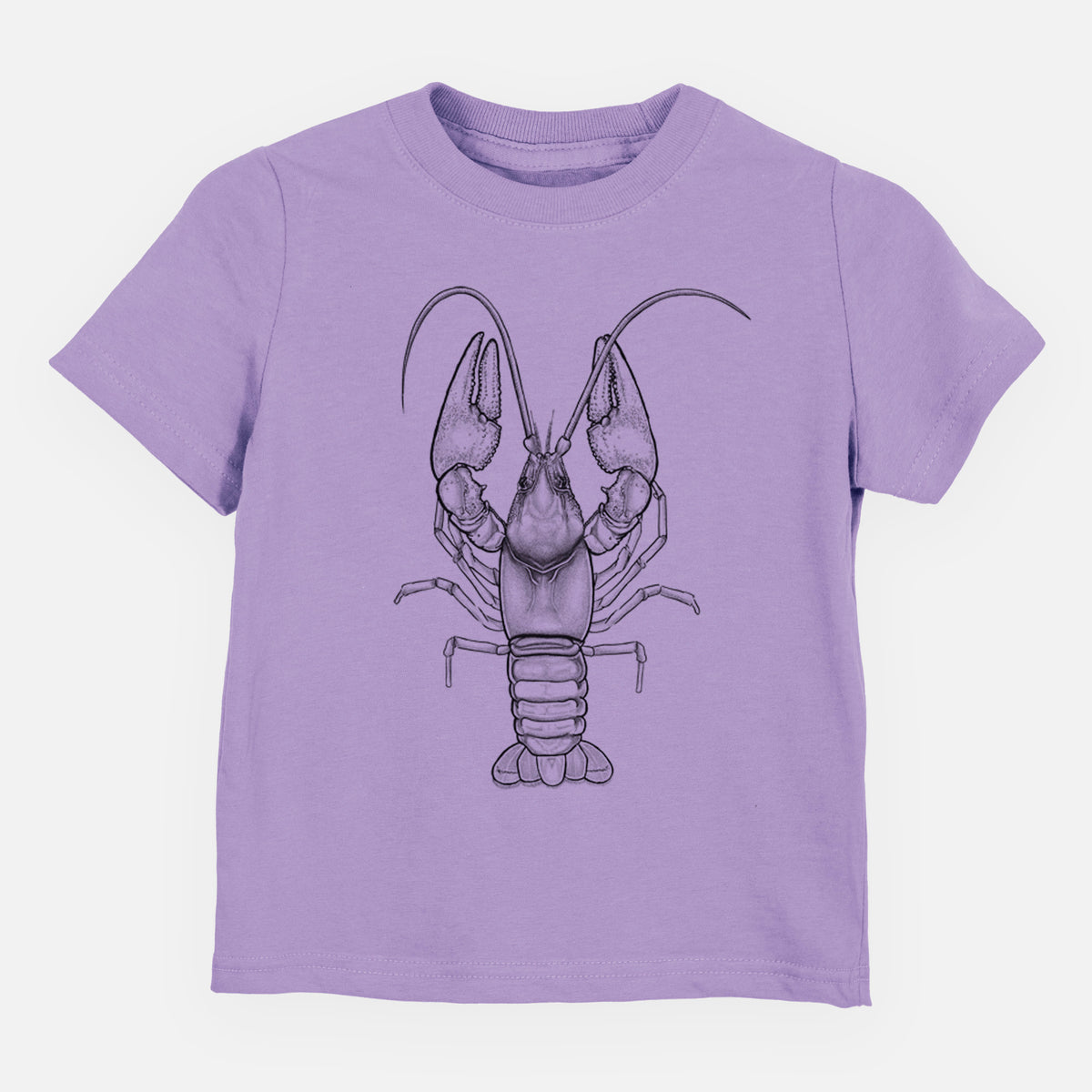 Lavender toddler t-shirt laid flat, printed with a detailed black ink illustration of a crayfish with its claws raised, seen from above.