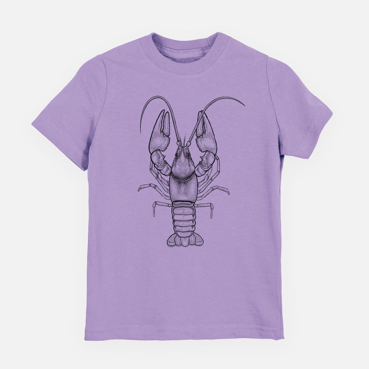 Lavender youth t-shirt laid flat, printed with a detailed black ink illustration of a crayfish with its claws raised, seen from above.