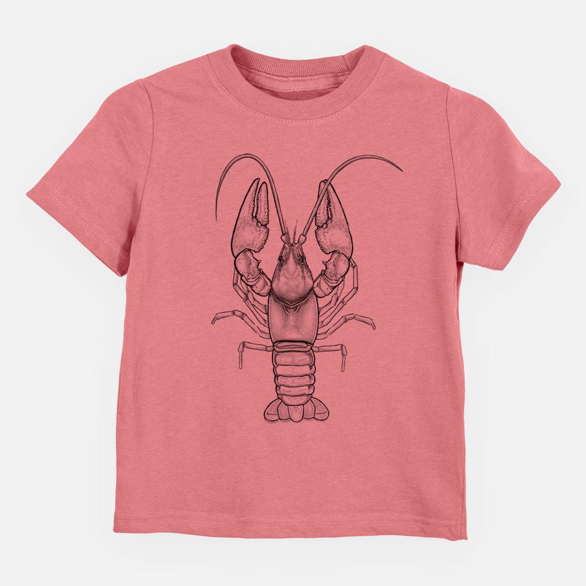 Mauve pink toddler t-shirt laid flat, printed with a detailed black ink illustration of a crayfish with its claws raised, seen from above.