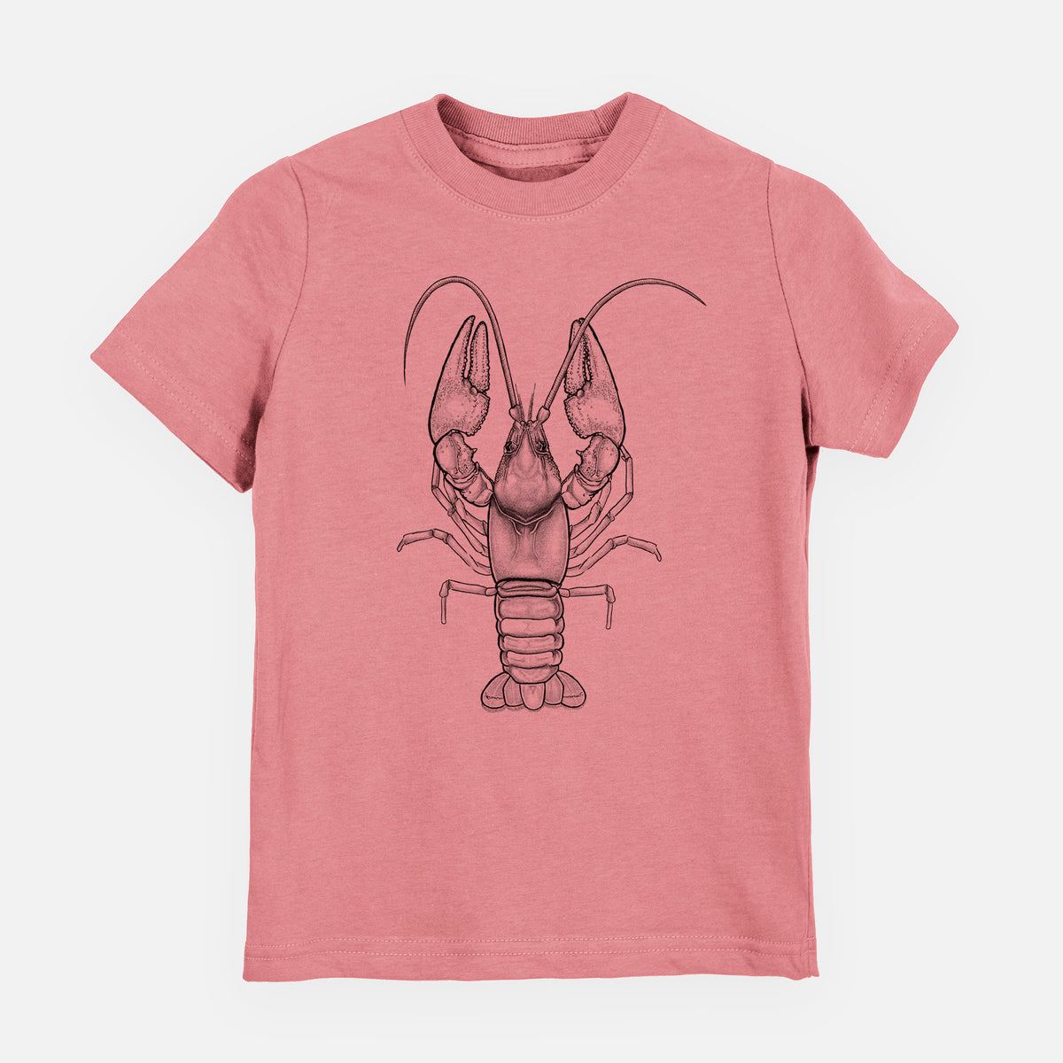 Mauve pink youth t-shirt laid flat, printed with a detailed black ink illustration of a crayfish with its claws raised, seen from above.