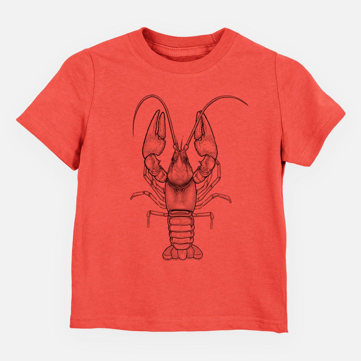 Passionfruit pink toddler t-shirt laid flat, printed with a detailed black ink illustration of a crayfish with its claws raised, seen from above.