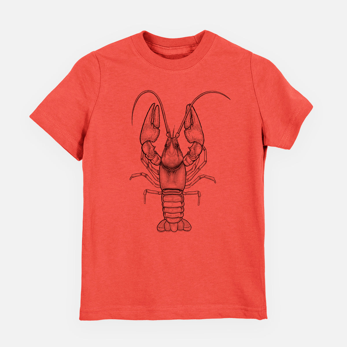 Passionfruit pink youth t-shirt laid flat, printed with a detailed black ink illustration of a crayfish with its claws raised, seen from above.