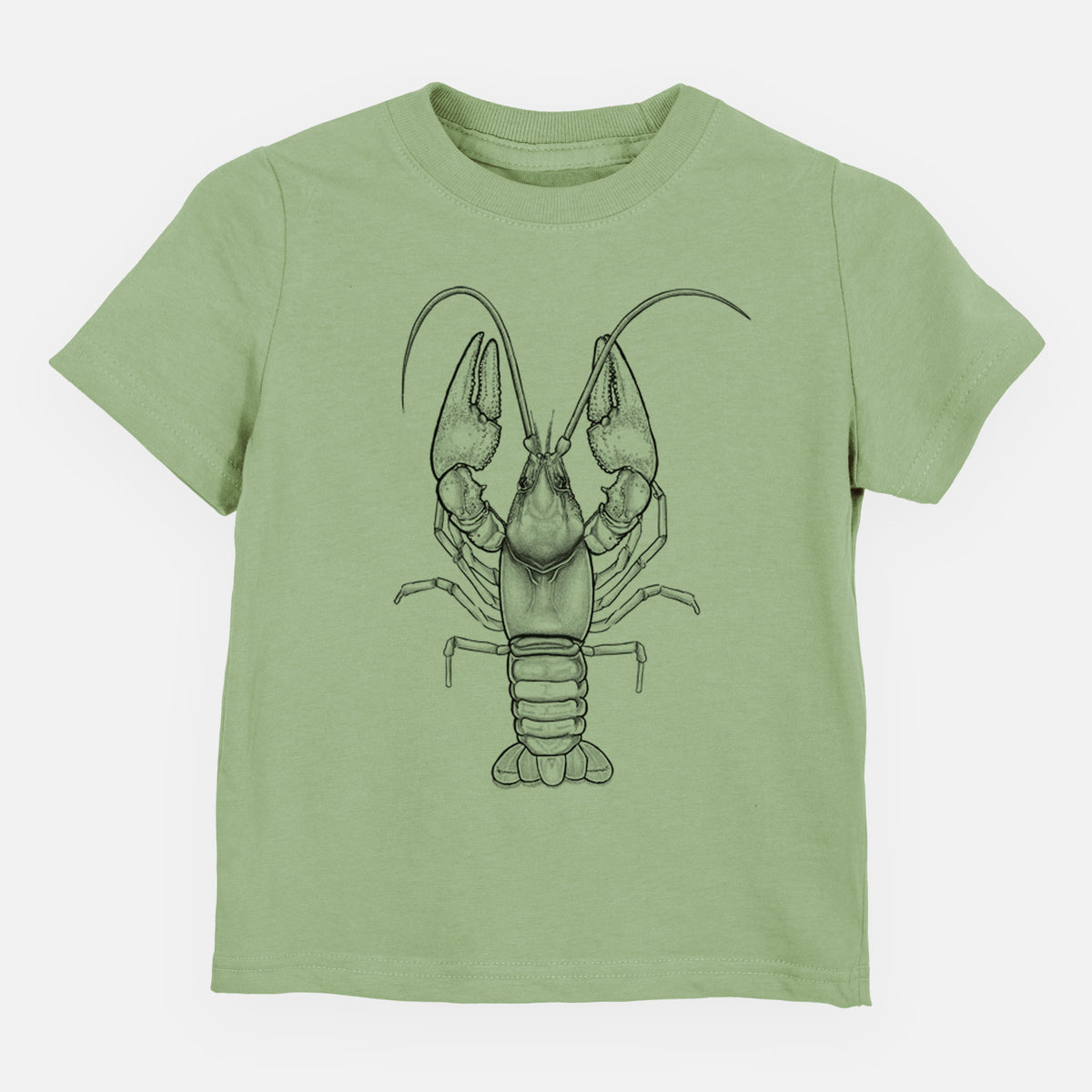 Sage green toddler t-shirt laid flat, printed with a detailed black ink illustration of a crayfish with its claws raised, seen from above.